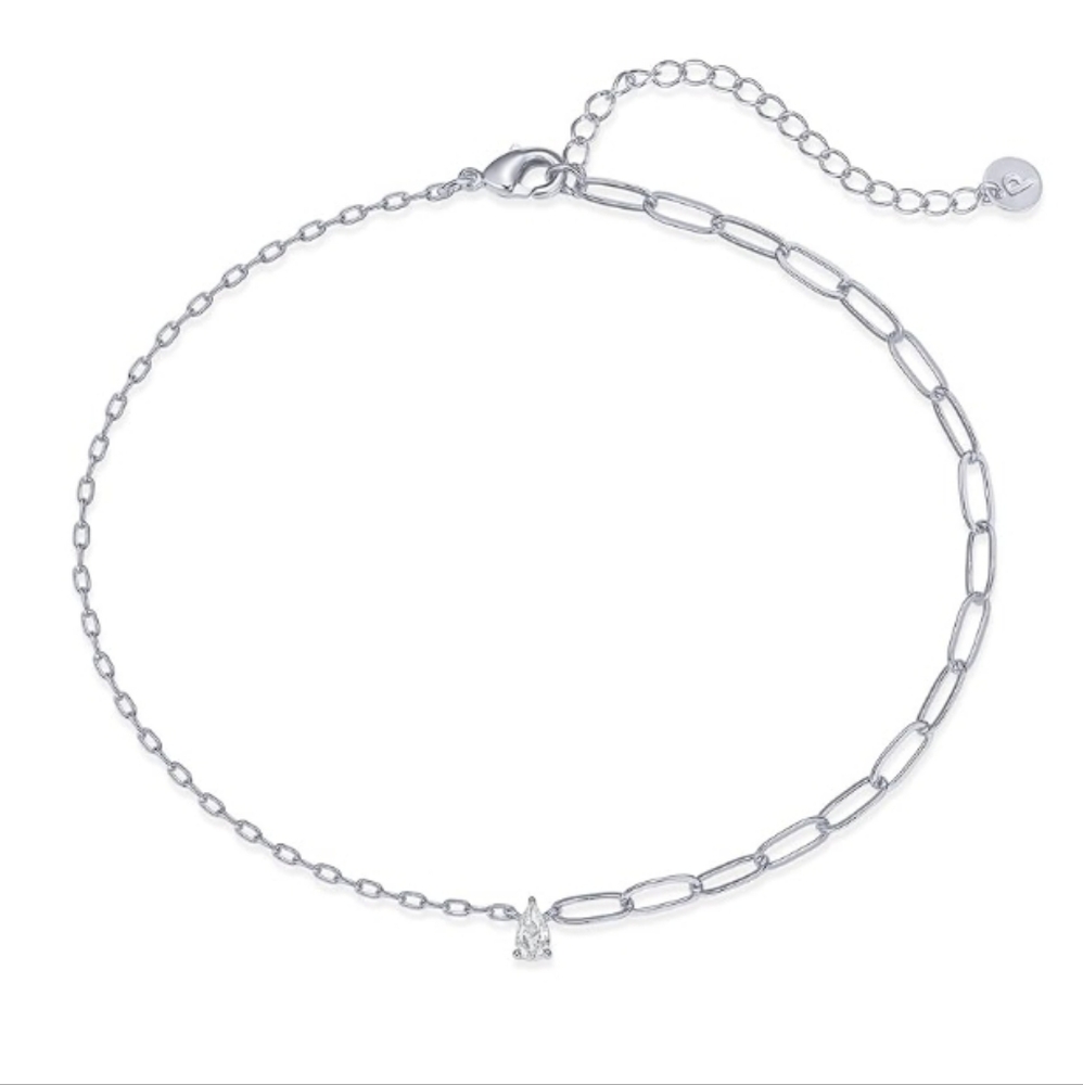14K Gold Plated Charm Link Chain Solitaire Adjustable Anklet In White Gold